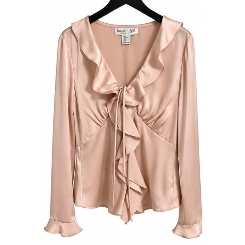 Rachel Zoe Pink Satin Ruffle Tie Front Blouse Long Sleeve Peplum Top Small